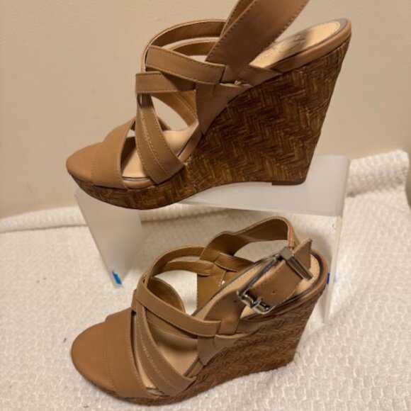 Jessica Simpson Tan Strappy Wedge Sandals Cork Platform Party - Picture 1 of 6